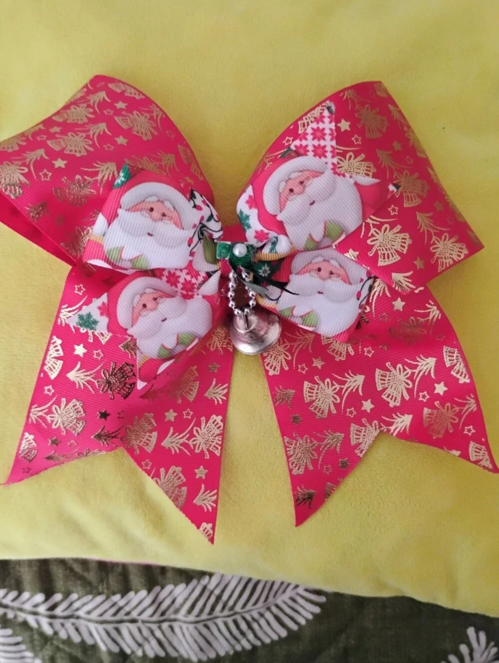 Holiday Santa Print Red Kids Hair Bow with Jingle Bell Cheerleader